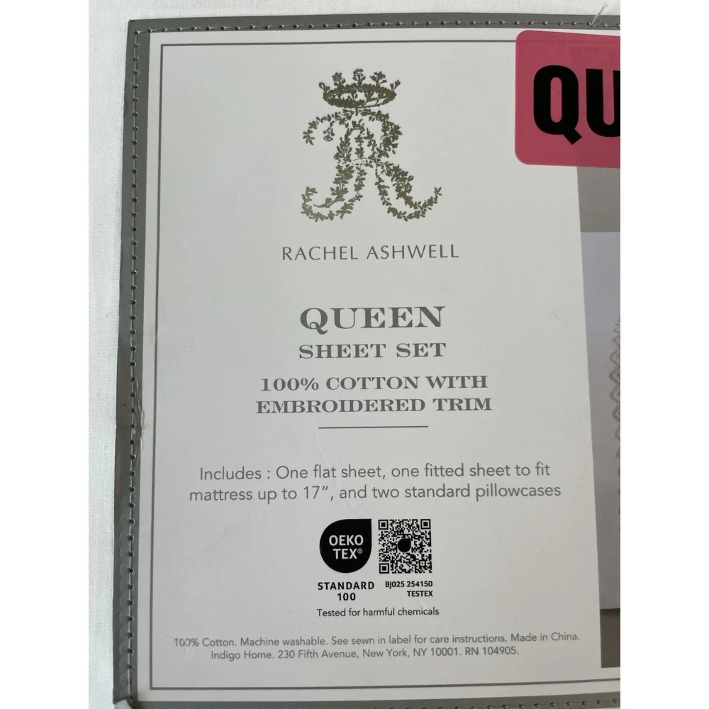 Rachel Ashwell Pink Embroidered Eyelet Hem QUEEN Sheet Set‎ White 100% Cotton